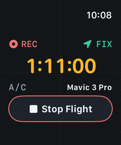Apple Watch: flight in progress, 1:11:00 elapsed, Stop Flight