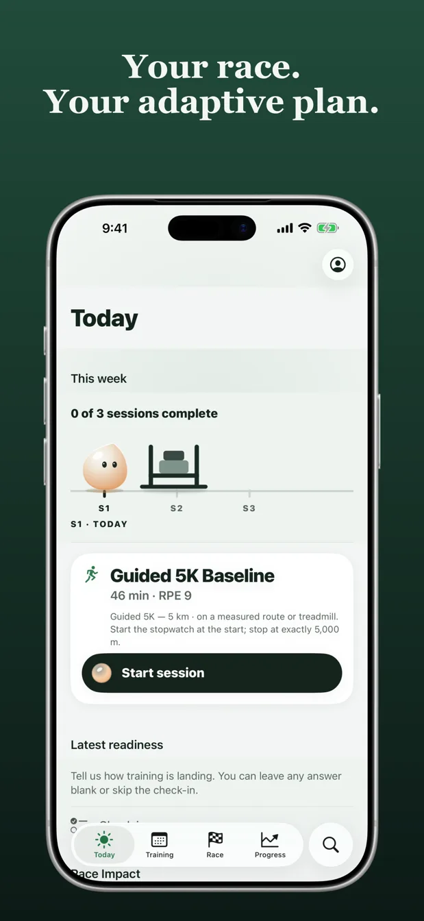 Today: this week's sessions and the next one, a guided 5K baseline, ready to start