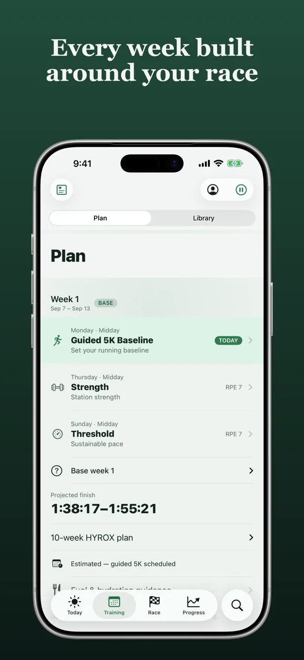 Plan: every week built around your race, with sessions, status and the projected finish