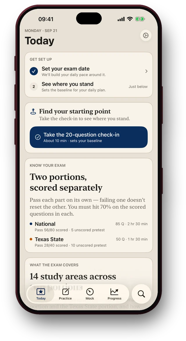 Today tab: set your exam date, take the 20-question check-in, and see how the two portions are scored